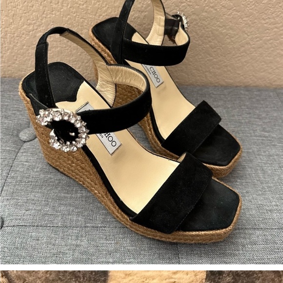 Jimmy Choo Crystal Embellished Buckle Espadrille Wedge Heels Shoes Black Leather - Picture 7 of 9